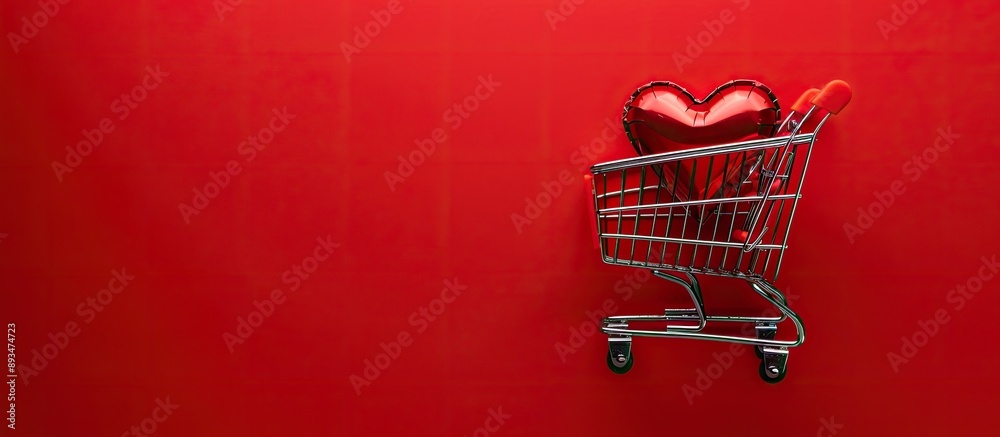 Aufkleber valentine s day themed photo with a small shopping cart in the shape of a heart on a red background 