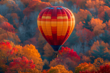 Fototapeta premium Hot Air Balloon Drifts Super Low Over Colorful Fields