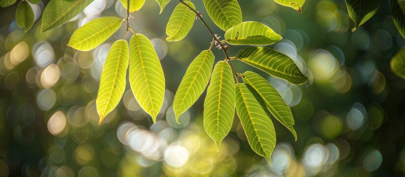 A morning shot showing the oval shaped evenly pinnate compound leaves of the Sumba cherry blossoms or Cassia javanica with copy space image