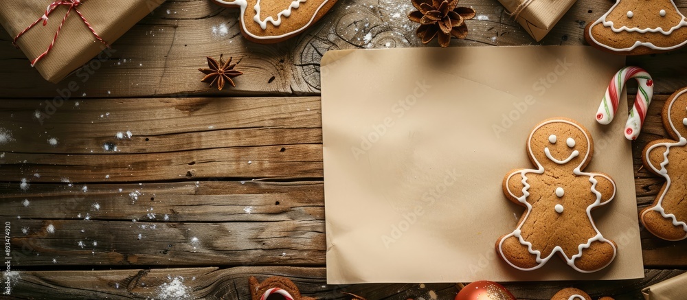 Aufkleber top view of a gingerbread christmas cookie with blank paper for copy space image