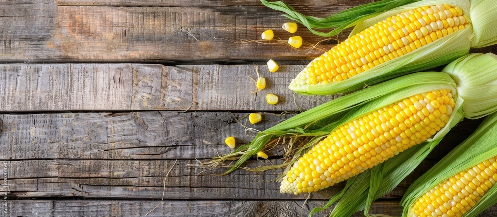 Poster Sweet corn on the cob displayed on a wooden surface with copy space image