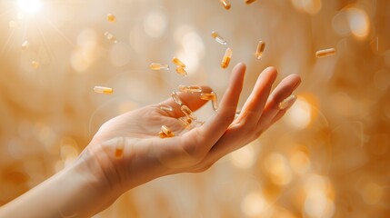 A young woman's hand with a floating dietary supplement capsule falls on it for a dietary supplement advertisement.
