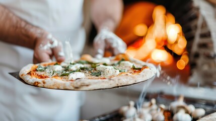 A chef places a freshly prepared wood-fired pizza into the oven, highlighting the art of creating authentic, delicious, and traditional Italian cuisine.
