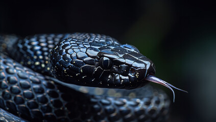 Fototapeta premium Close-Up of Black Snake with Glossy Scales and Forked Tongue on black background