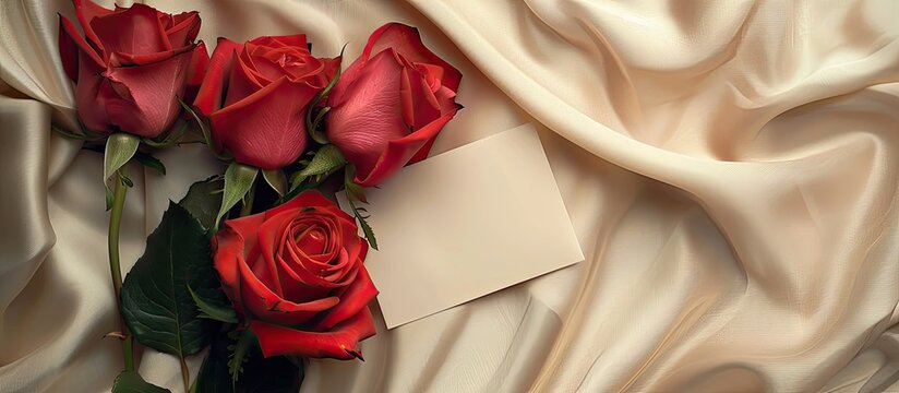 Red roses and an invitation card are elegantly displayed against a silk background leaving an inviting copy space image