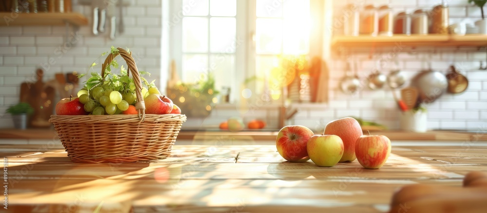 Poster interior of kitchen with a basket of fresh apples and fruits with a blank area for other content in 