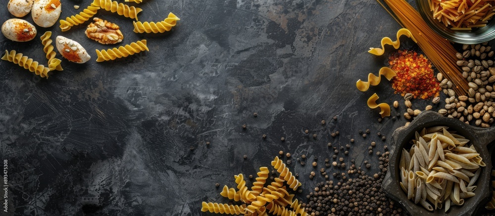 Poster a dark table showcasing dried pasta with a copy space image available