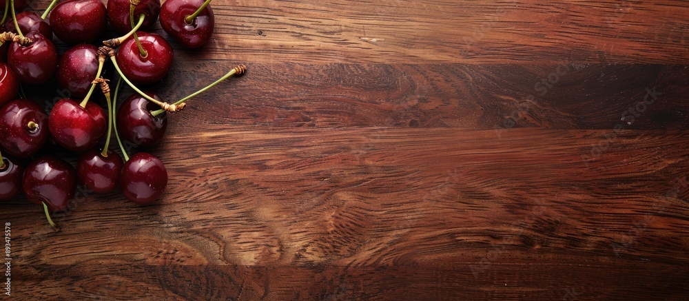 Poster Top view of ripe and tasty cherries on a wooden surface with a copy space image for text creating a background of delicious fruit