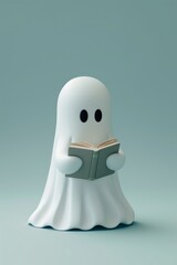 Obraz premium A 3D cartoon white ghost holding a book, with a simple minimalist design 