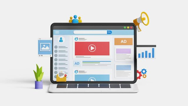 Social media marketing, promote brand, SEO, digital advertising, content marketing or online campaign concept. 3D social media page on laptop with marketing icons. 4k 3d animation. Trim 3 sec for loop