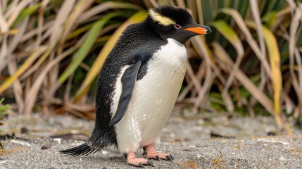 A lone Erect-crested Penguin stands in a puddle with wet feathers, its yellow crest visible against the lush green rainforest background