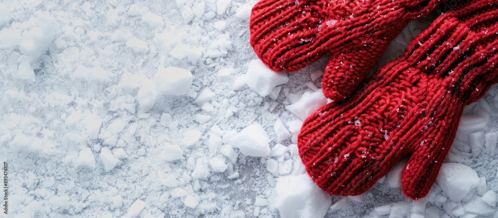 Poster Red mittens lay on snow in a snowy background with copy space image
