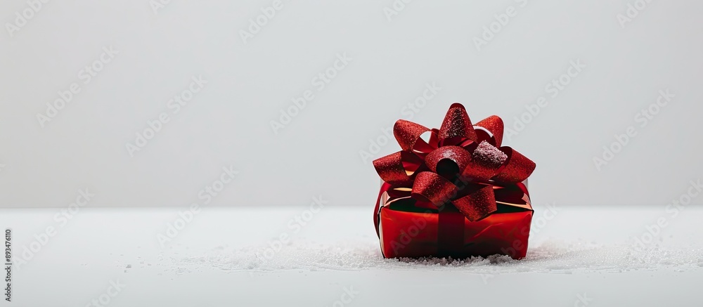 Poster a festive gift box with a bow is displayed against a plain white backdrop creating a perfect christm