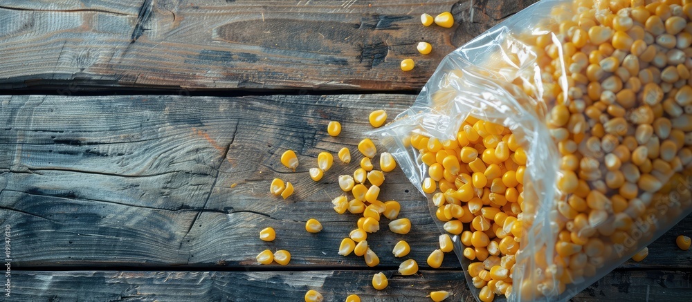 Poster close up of transparent plastic bag with yellow corn kernels on wooden table with copy space image