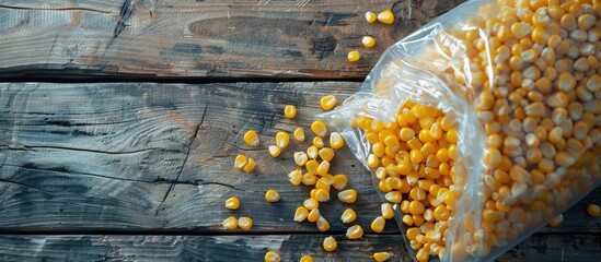 Obraz premium Close up of transparent plastic bag with yellow corn kernels on wooden table with copy space image