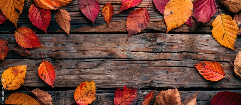 Poster flat lay view of a fall themed backdrop with an assortment of vibrant autumn leaves on weathered woo