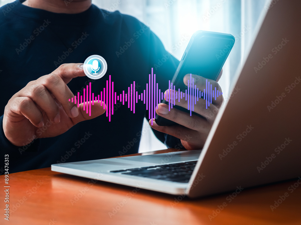 Poster conversation voice search application technology concept. ai conversational assistant automation bot