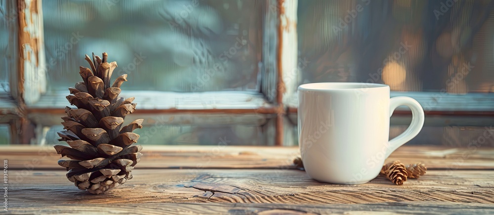 Poster coffee cup next to a dried pine cone on wooden table creating a cozy ambiance with copy space image