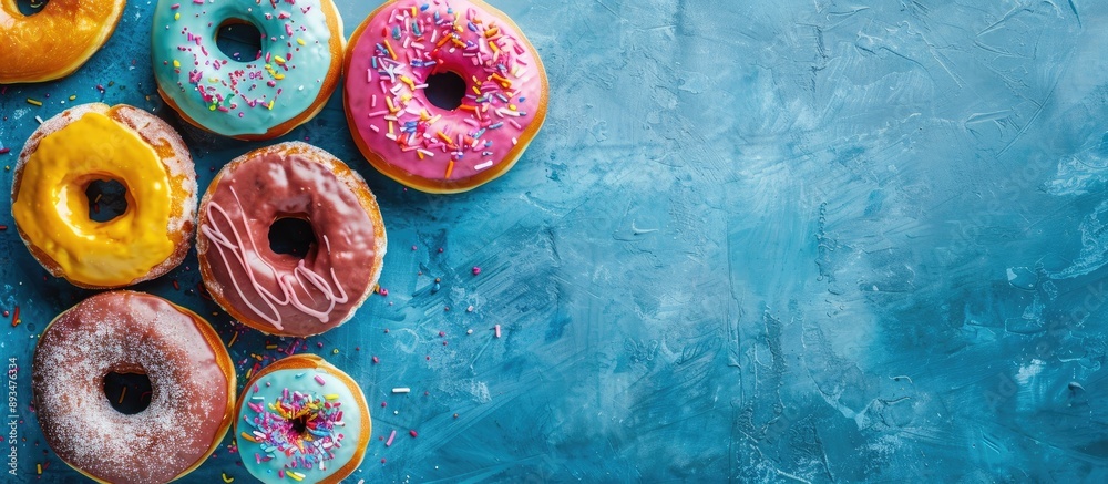 Poster colorful glazed doughnuts on a blue concrete surface top view with ample copy space image