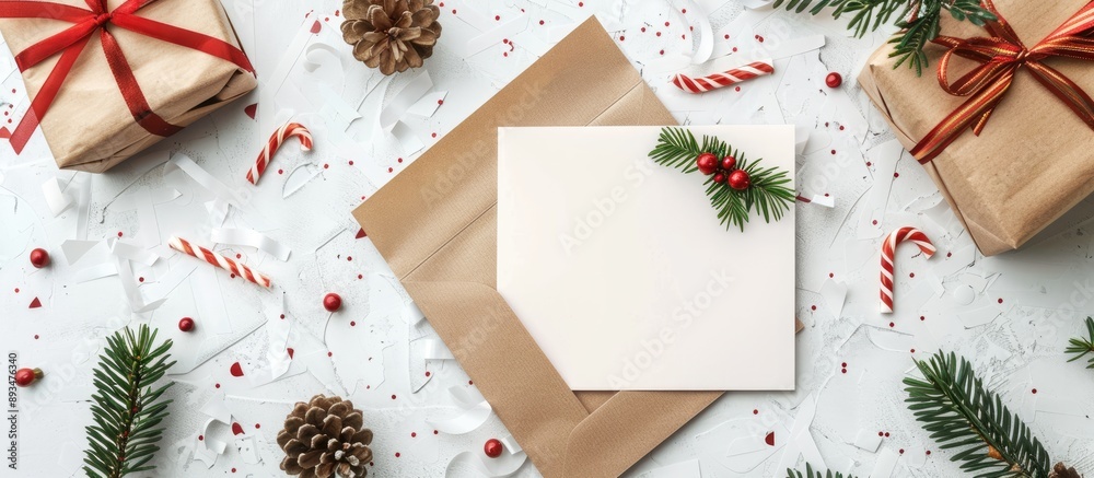 Aufkleber Top view of a festive flat lay featuring a blank invitation and craft paper envelope for a New Year celebration presenting a Christmas greeting card template with background copy space image