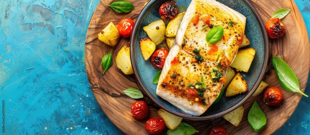 Poster top view of a wooden plate serving baked halibut with roasted tomato and potato on a blue background