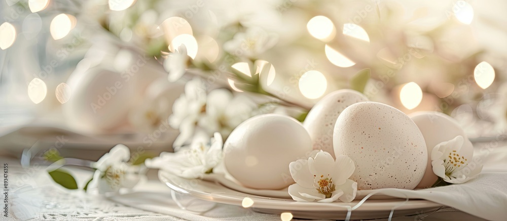 Poster focused on a close up of delicate white chicken eggs on a festively set easter table with room for t