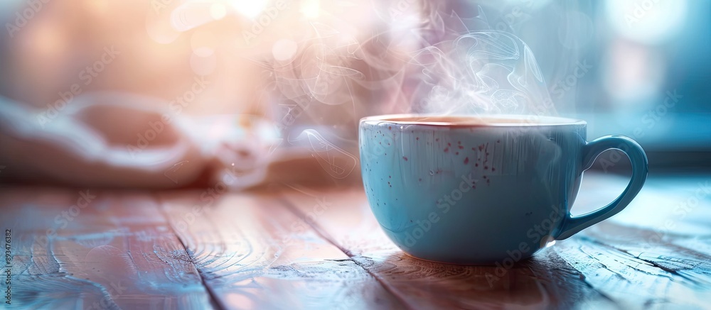 Poster Capture a close up of a steaming cup of coffee with copy space image