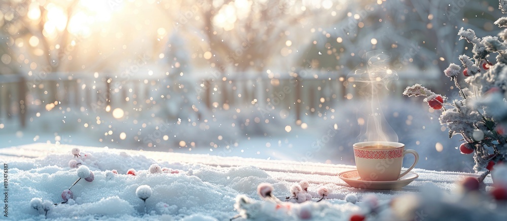 Poster winter scene with a steaming cup of tea on the snowy garden terrace creating a cozy ambiance perfect