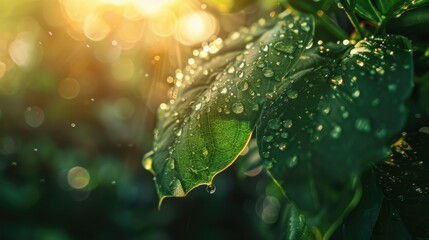 Detailed view of dew drops on a vibrant green leaf in the morning light