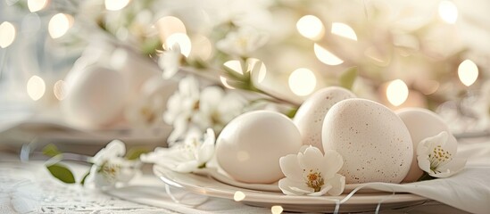 Focused on a close up of delicate white chicken eggs on a festively set Easter table with room for text or other imagery copy space image