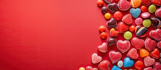 Assorted Valentine s Day candies forming a border on a red paper background with ample copy space image from a top down view