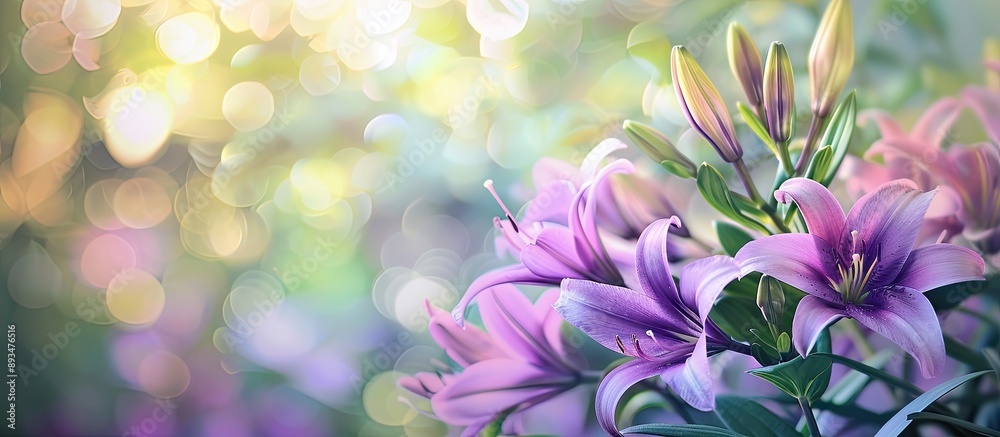 Aufkleber blurry green backdrop with lilac lilies providing copy space image emphasizing selective focus