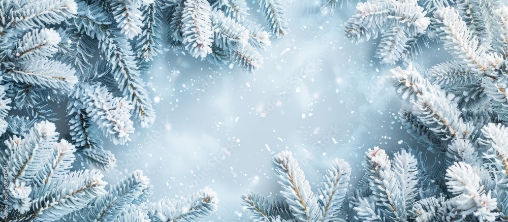 Aufkleber Close up of snow covered coniferous branches creating a winter Christmas abstract background with copy space image
