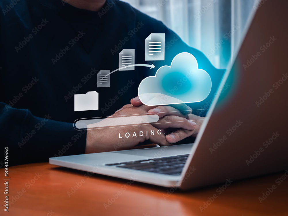 Poster data transfer service, file migration, backup files concept. document from folder moving to cloud st