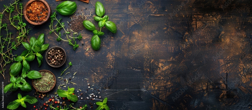 Poster Assorted fresh herbs and spices for cooking presented on a dark rustic wooden backdrop with copy space image