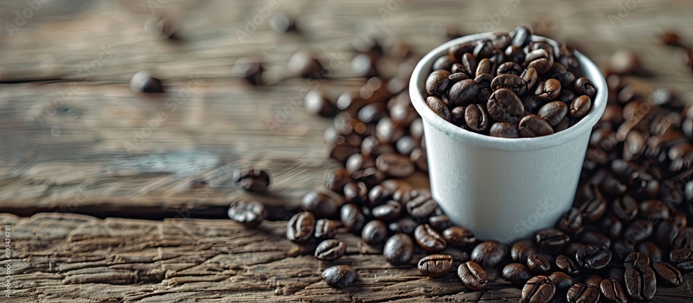 Poster desaturated wooden background highlighting coffee beans in a white cap emphasizing the concept of th