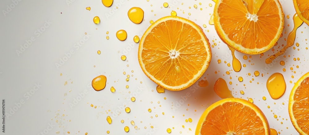 Poster Isolated on a white background vibrant orange halves with a lot of juice visible providing an ideal copy space image