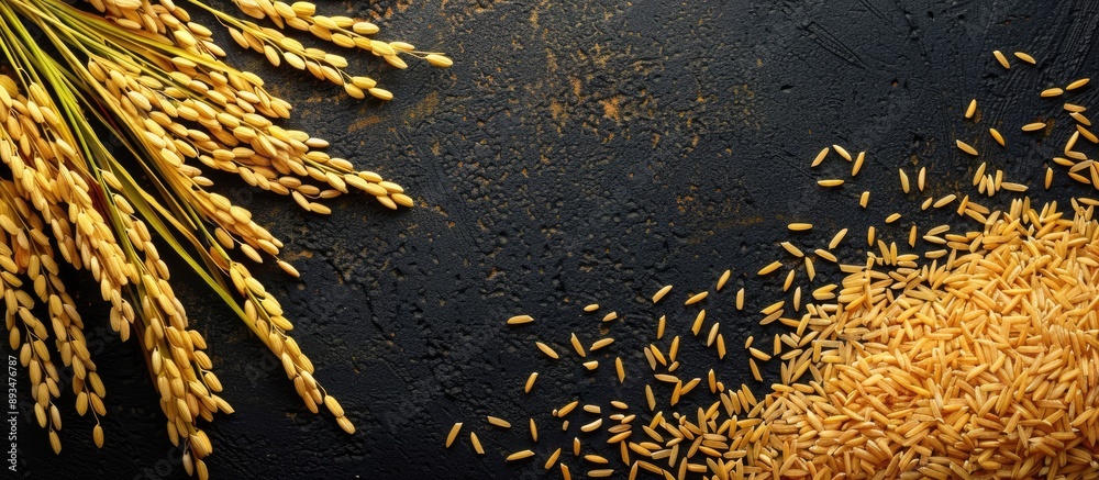Poster Top view of golden rice spikes with paddy rice and rice grain yield in the background on copy space image