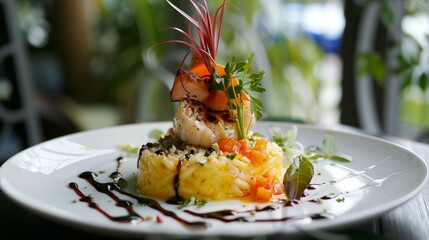 a plate of gourmet risotto with perfectly arranged garnishes and a beautiful sauce drizzle, resembling an art piece