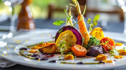 a stunningly plated dish of roasted vegetables with vibrant colors and artistic presentation, looking like a painting