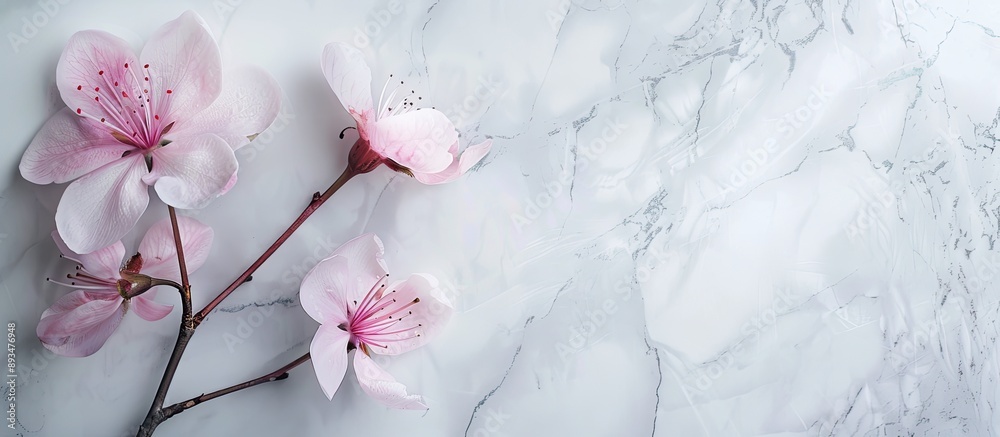 Fototapete a fresh pink flower in bloom during spring against a backdrop of white marble with ample copy space 