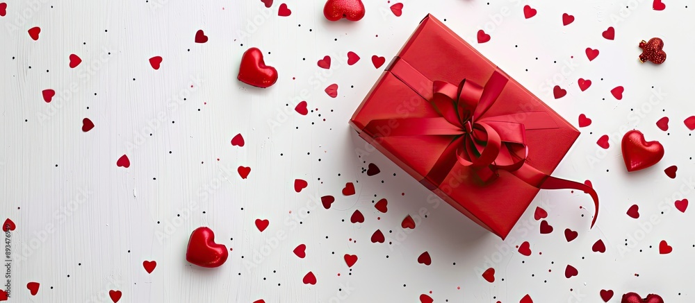 Poster a red gift box adorned with a matching ribbon and bow set on a white background embellished with red