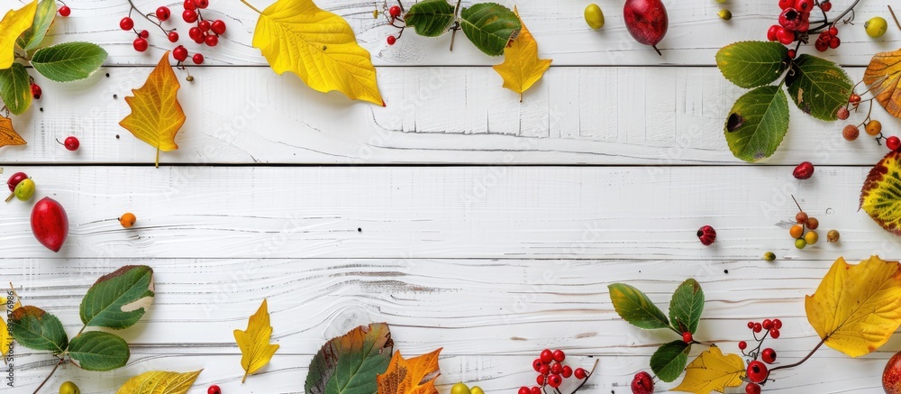 Poster top down view of a mockup featuring vibrant autumn leaves and berries in yellow green and red shades
