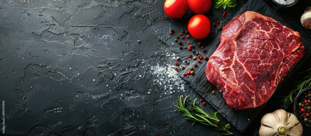 Poster top view of a raw marbled beef steak surrounded by cooking ingredients on a black slate stone or con