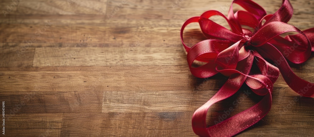 Poster A section of red ribbon on a wooden table creating a festive Christmas background with copy space image