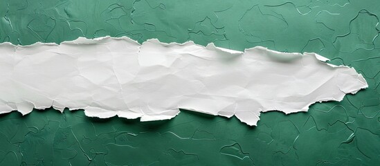 A white paper sheet with torn edges lies on a textured green background leaving room for additional image or text