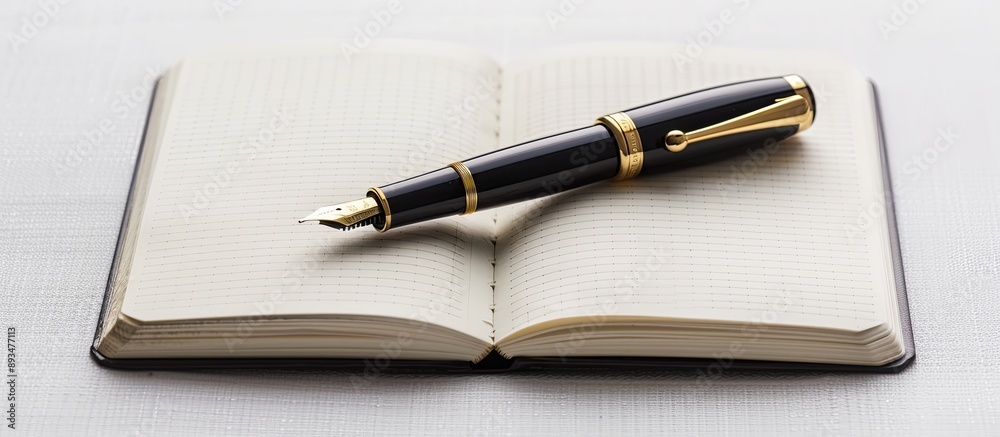 Leinwandbilder fountain pen positioned on an open blank notebook against a white backdrop in a copy space image