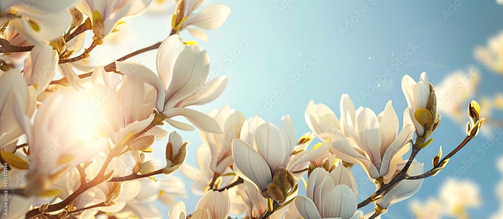Poster beautiful spring backdrop featuring a blooming white magnolia tree set against a clear blue sky perf