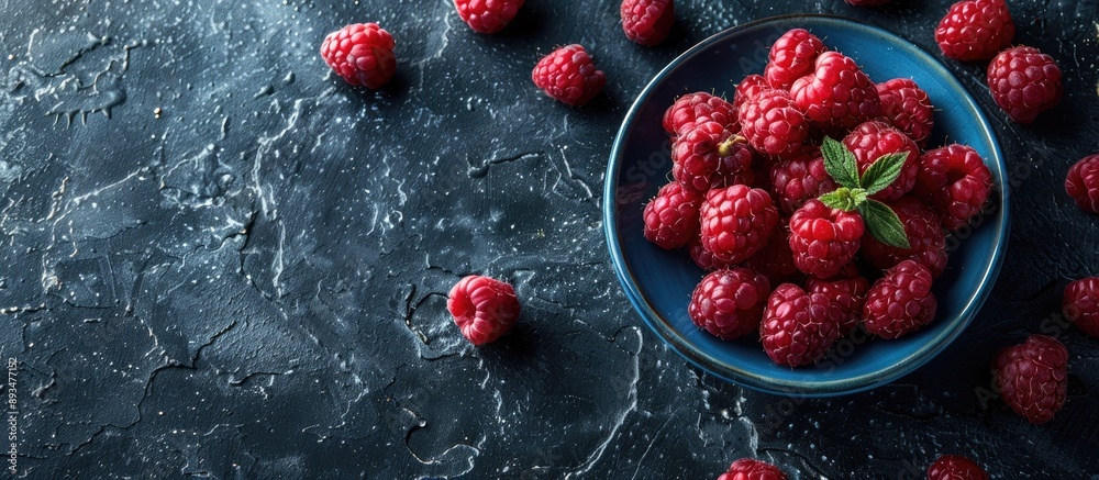 Poster top down view of ripe raspberries in a blue bowl on a rugged black backdrop with space for text or i