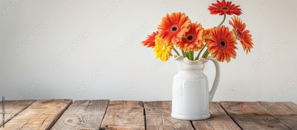 Poster Gerbera flowers in a pitcher on a wooden table with a white background creating a striking copy space image
